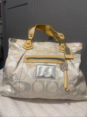 Coach Cream Jacquard Shoulder Bag with Yellow Leather Trim